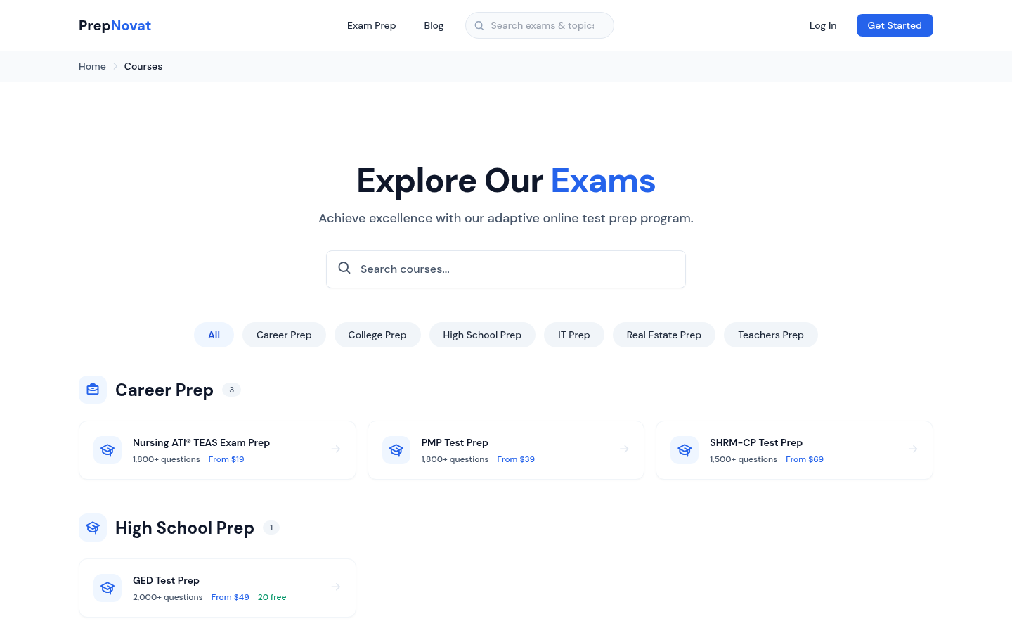 Courses catalog first screen: 'Explore Our Exams' H1, search box, category filter buttons, and course cards with question counts and from-prices (TEAS 1,800+ $19, PMP 1,800+ $39, S