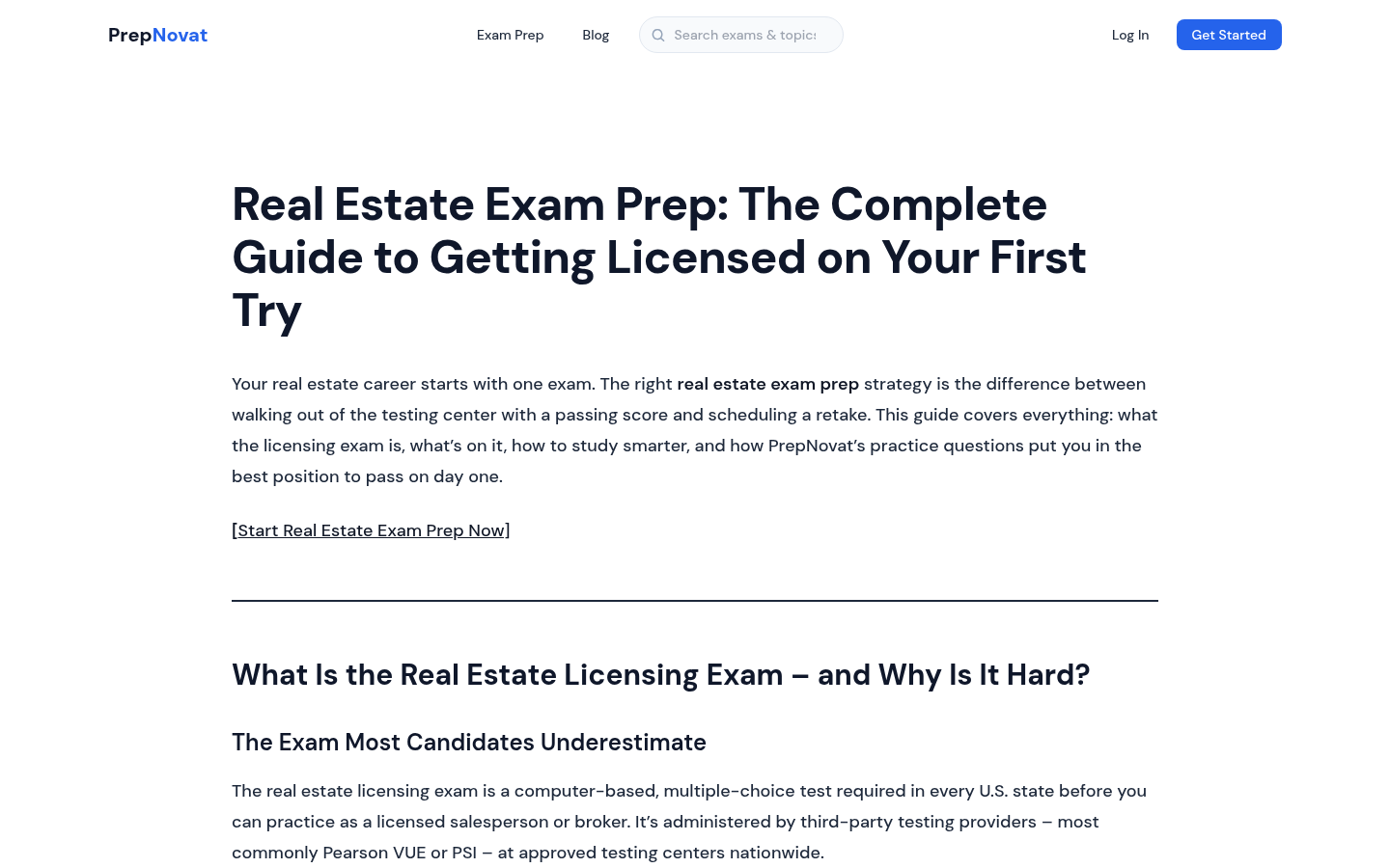 Real Estate Exam Prep landing page showing navigation, page title, and introductory content about real estate licensing exam preparation.