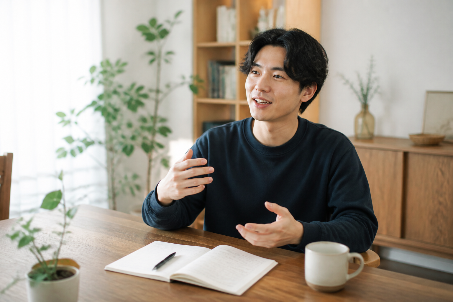 明るい部屋でリラックスしながら日本語の会話練習をする人の様子。机の上にはノートと温かい飲み物があり、落ち着いた学習環境を表現。